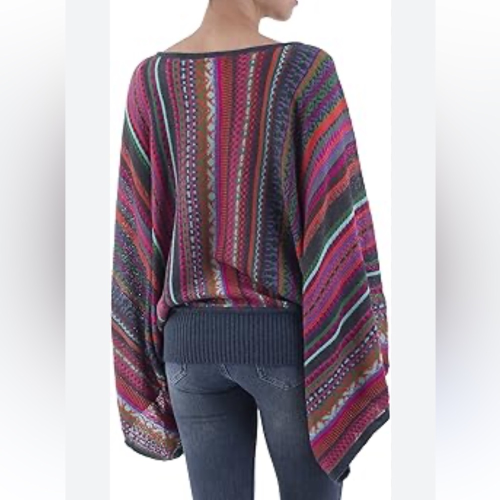 Novica Fair Isle Knit Alpaca Blend Sweater S/M oversized  batwing Kimono Sleeve - Picture 2 of 11